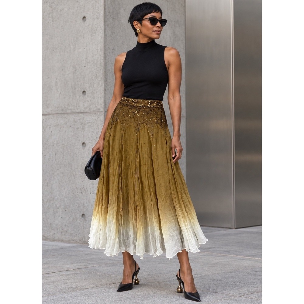 Soft Surroundings Sequin Ombre Midi Skirt Womens Small Brown White Lace Trim
